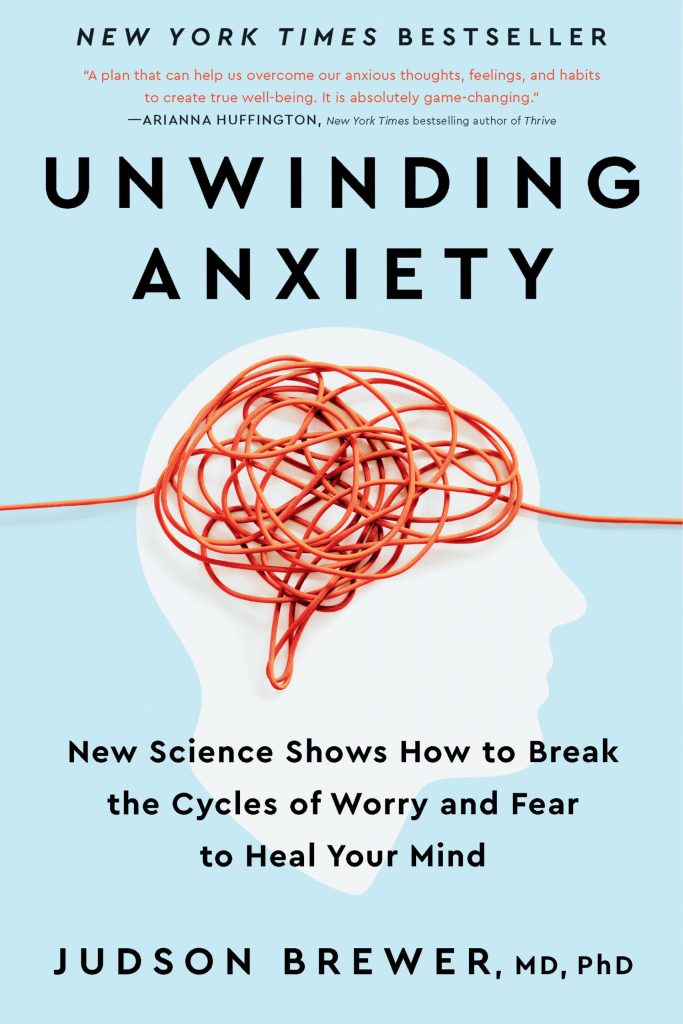 Cover of Unwinding Anxiety showing a human silhouette in profile with a tangled rope in the shape of the brain. 