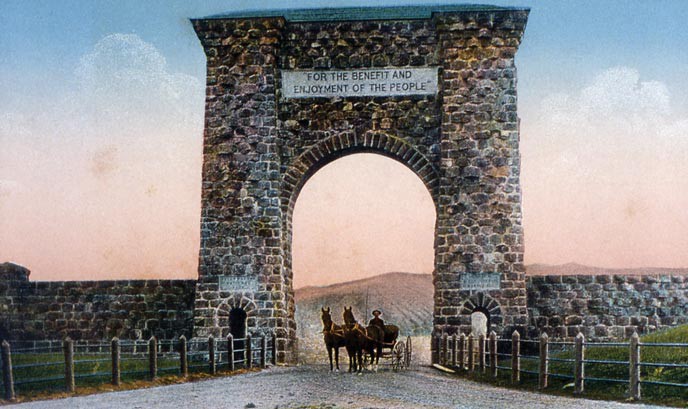 Photograph of the Roosevelt Arch entrance gate to Yellowstone National Park. 